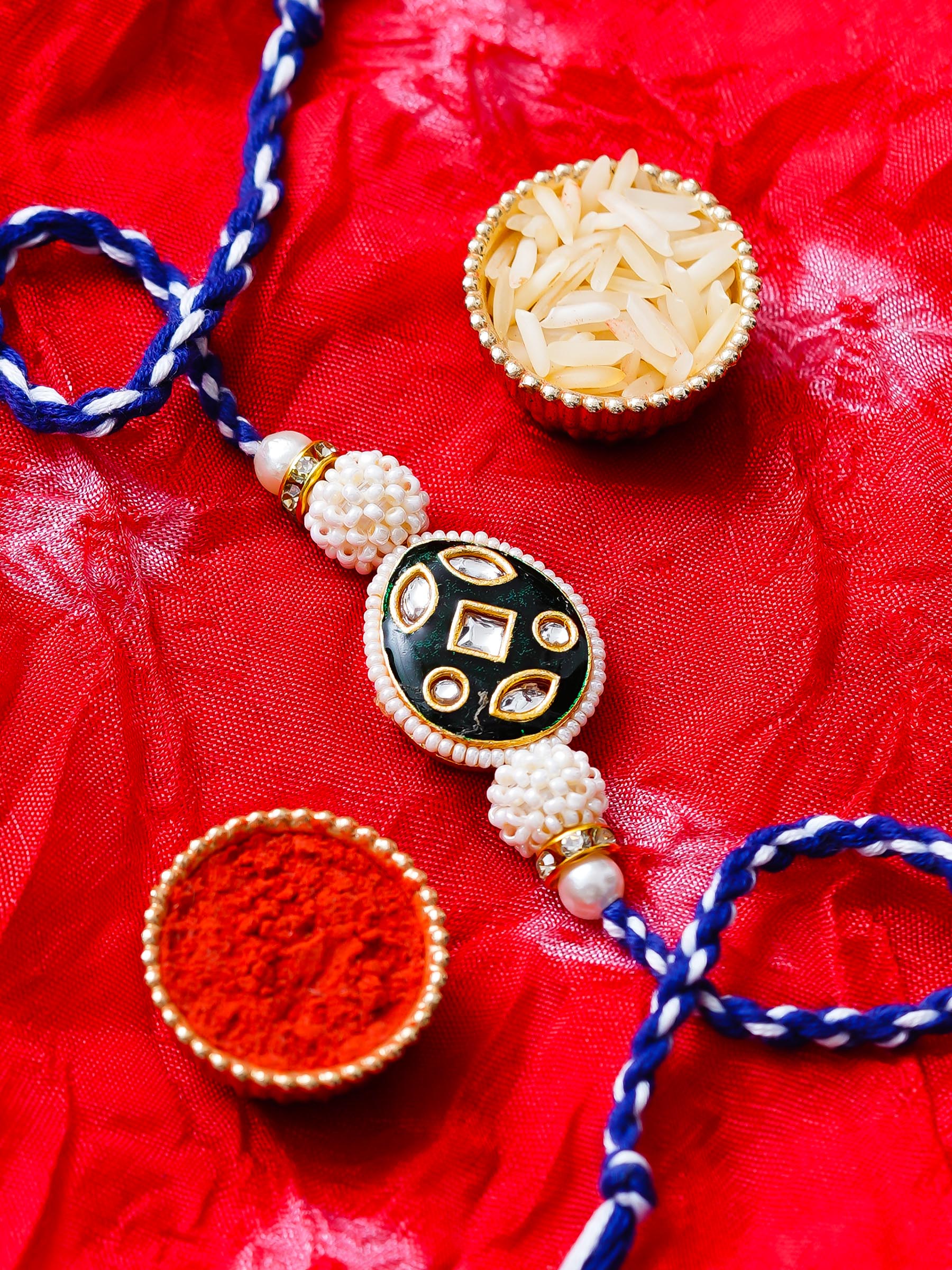 Kundan Pearl Rakhi – Free Chawal & Kumkum