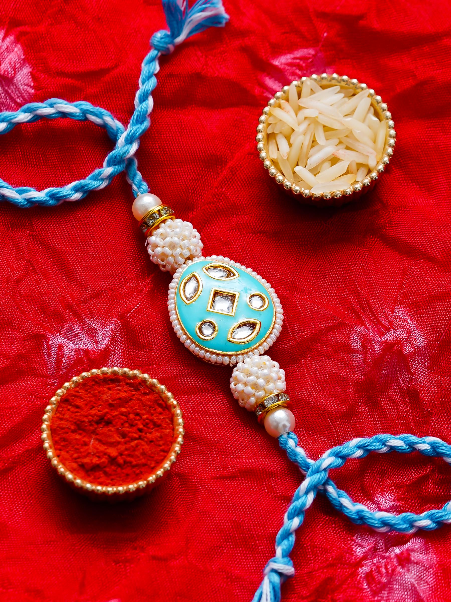 Kundan Pearl Rakhi – Free Chawal & Kumkum