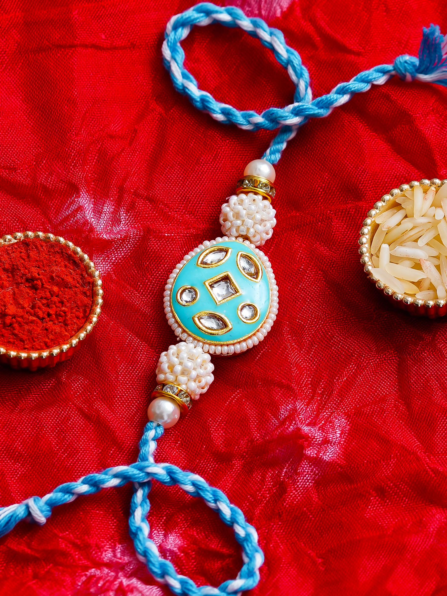 Kundan Pearl Rakhi – Free Chawal & Kumkum