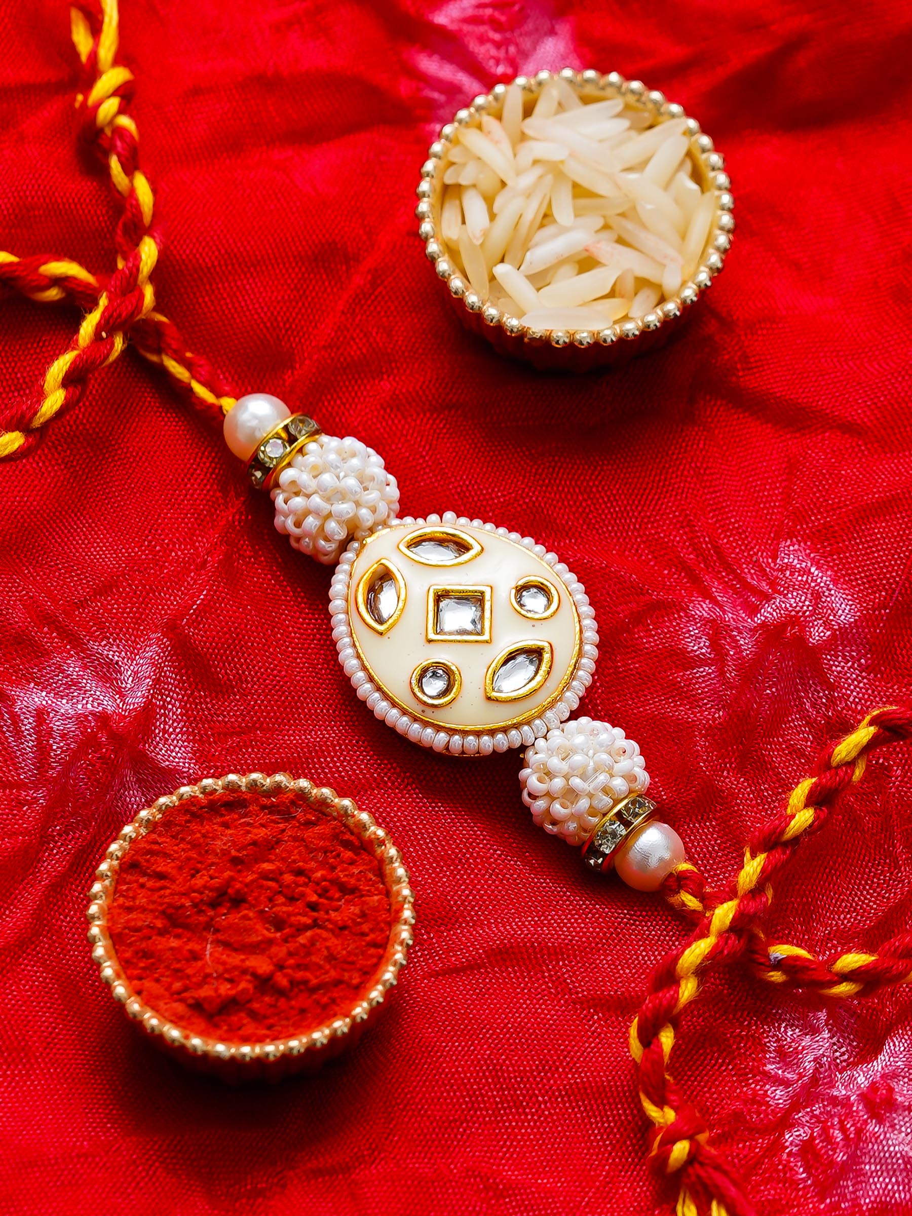 Kundan Pearl Rakhi – Free Chawal & Kumkum