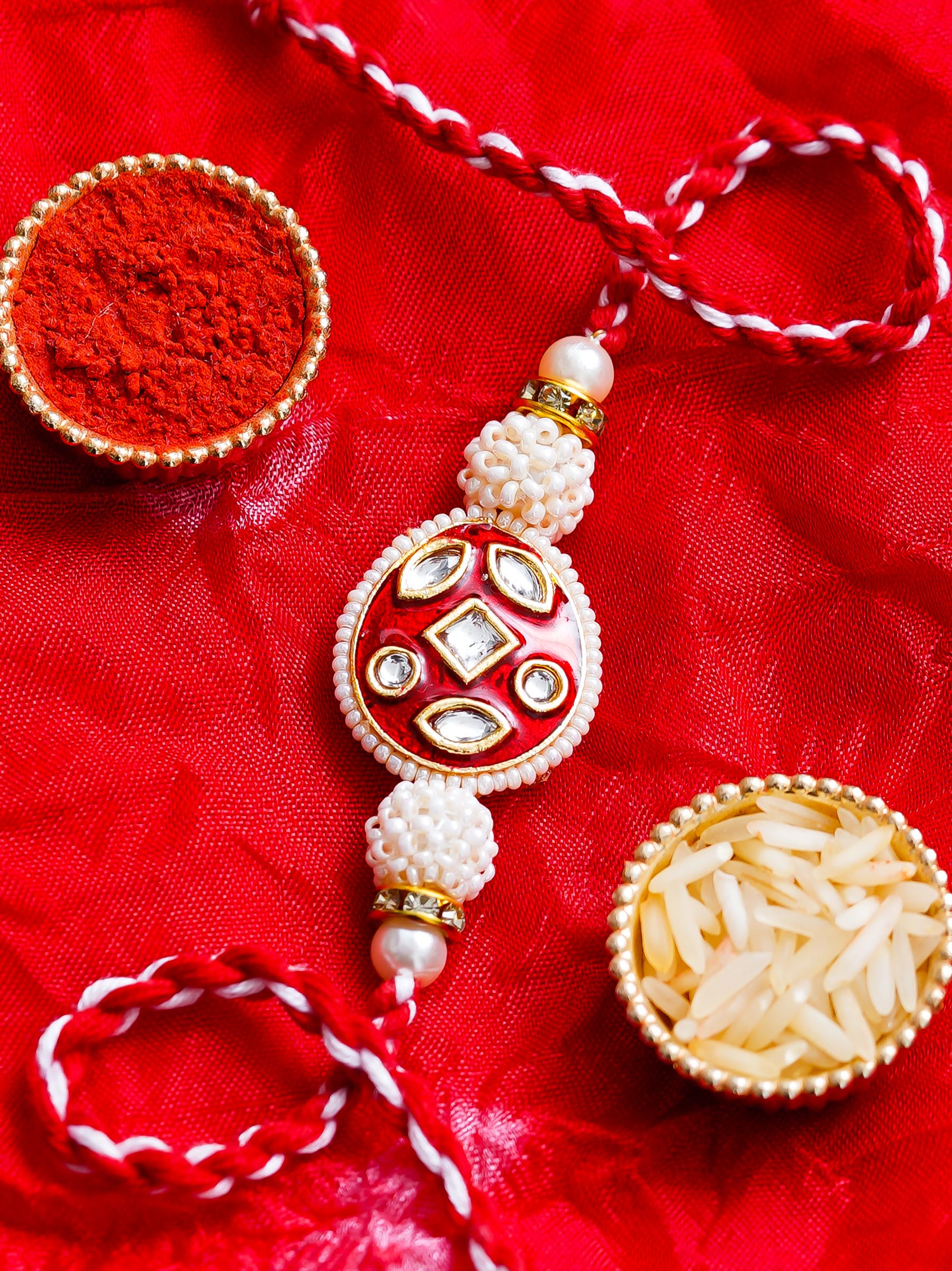 Kundan Pearl Rakhi – Free Chawal & Kumkum