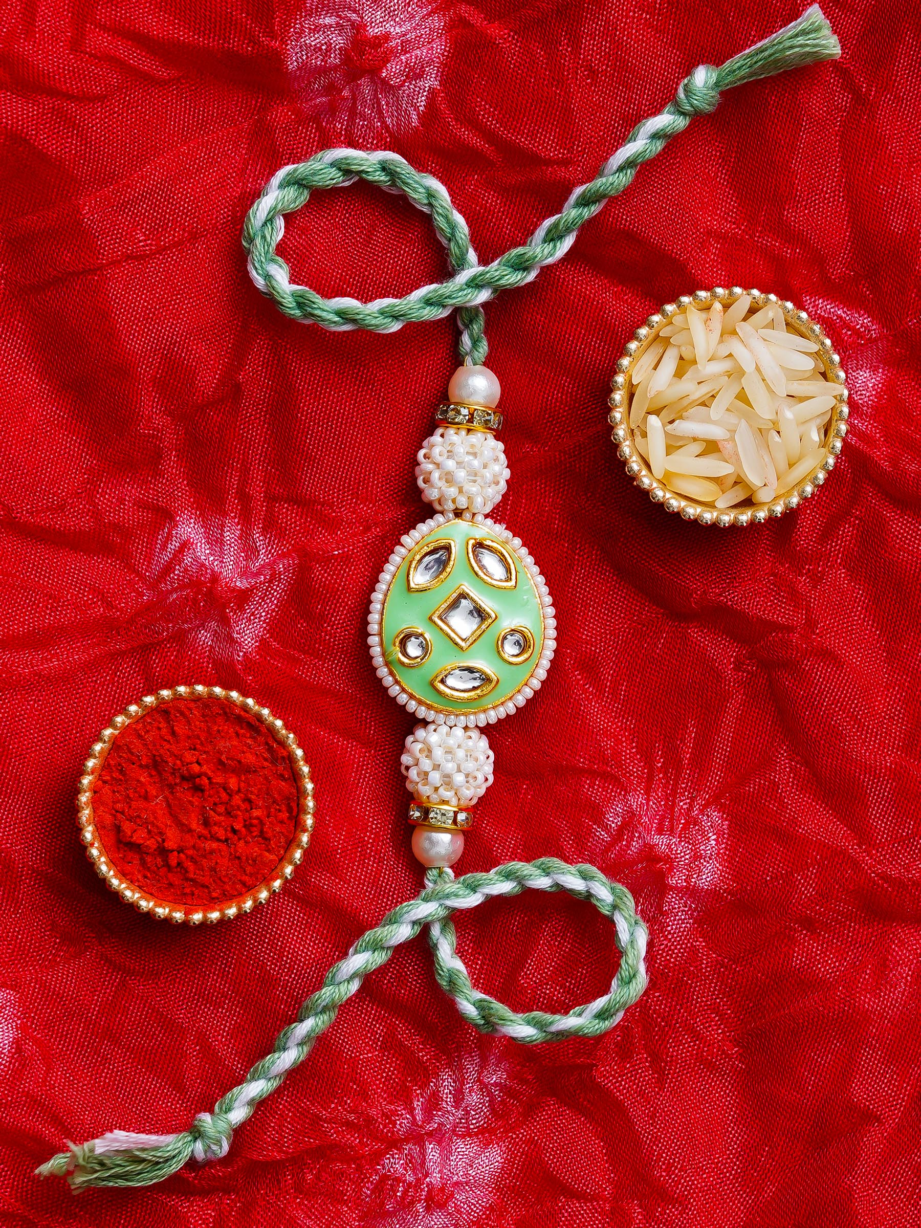 Kundan Pearl Rakhi – Free Chawal & Kumkum