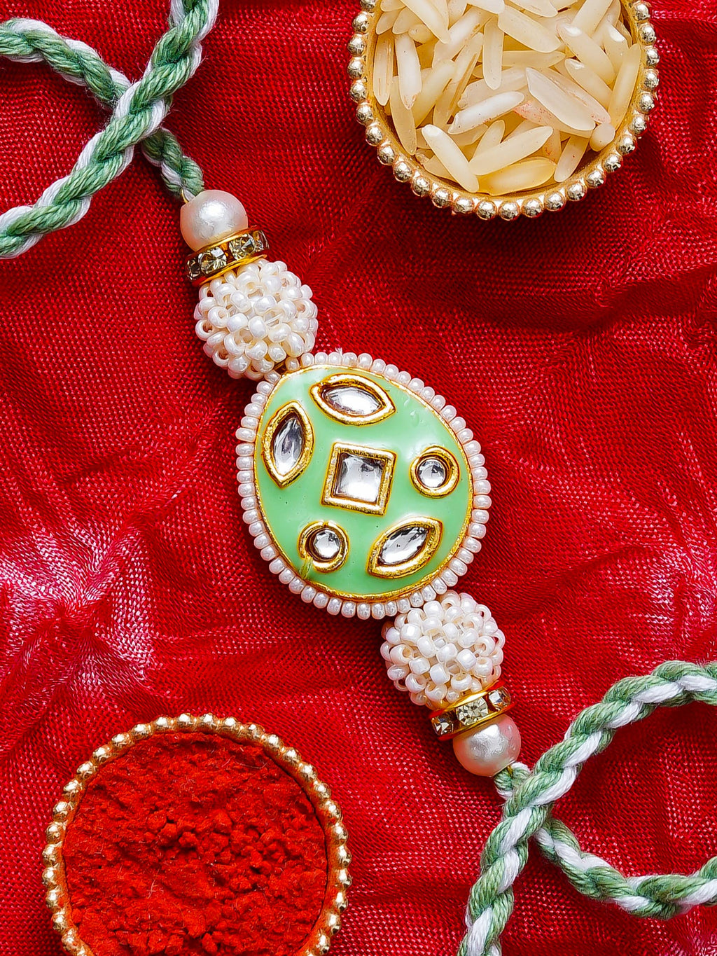 Kundan Pearl Rakhi – Free Chawal & Kumkum