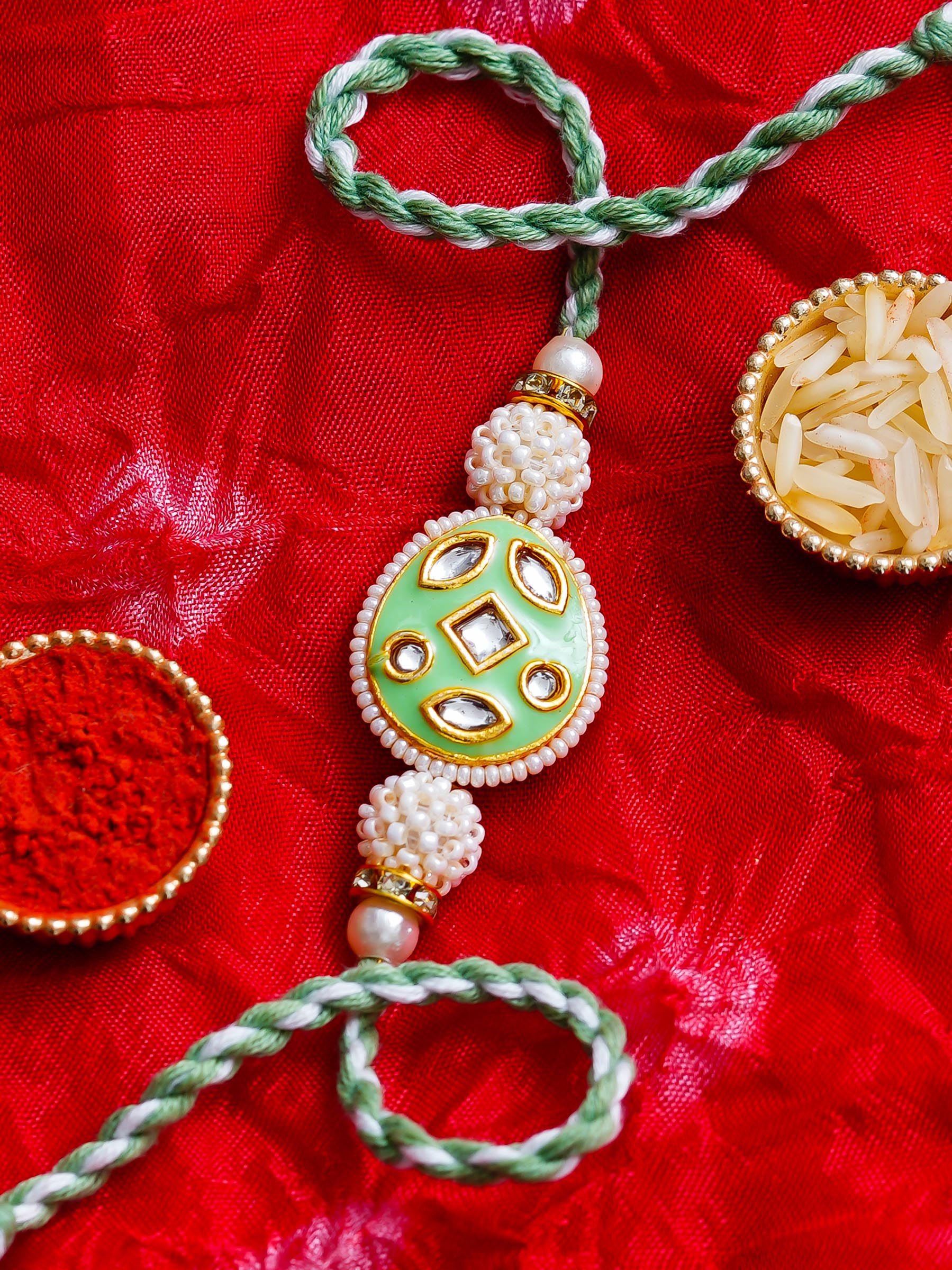 Kundan Pearl Rakhi – Free Chawal & Kumkum