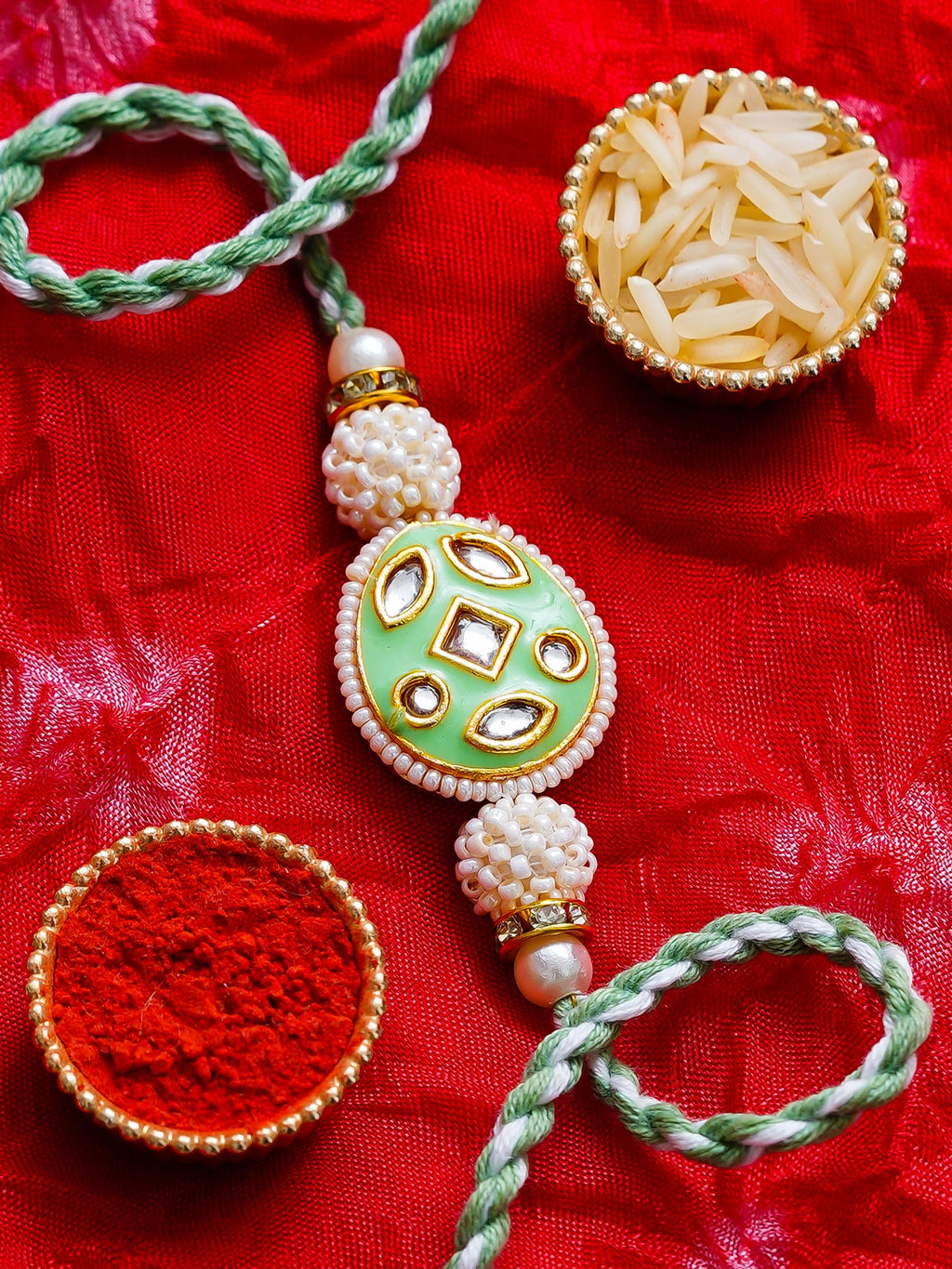 Kundan Pearl Rakhi – Free Chawal & Kumkum