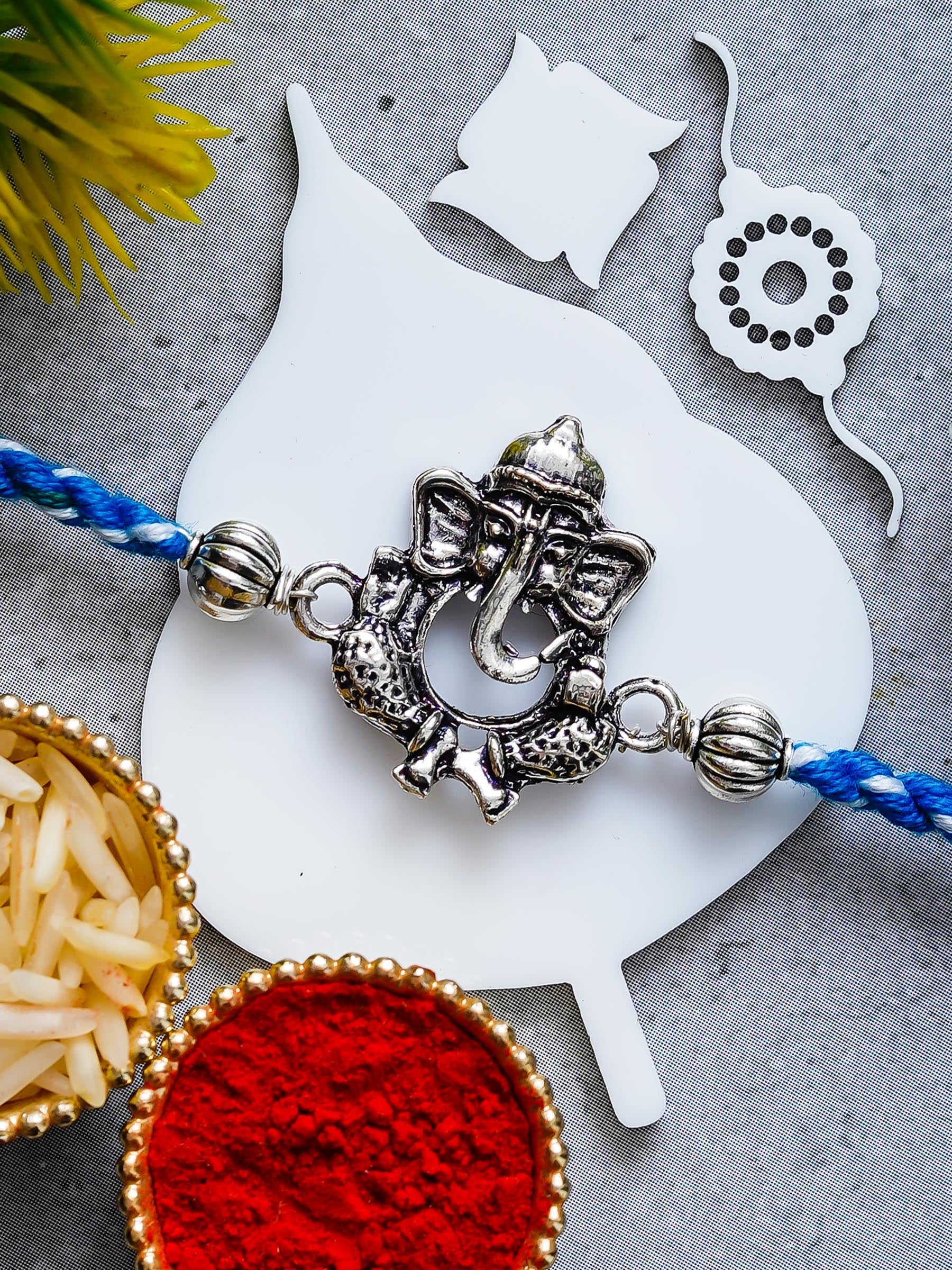 Ganesh Rakhi – Traditional Metal Rakhis – Free Chawal & Kumkum