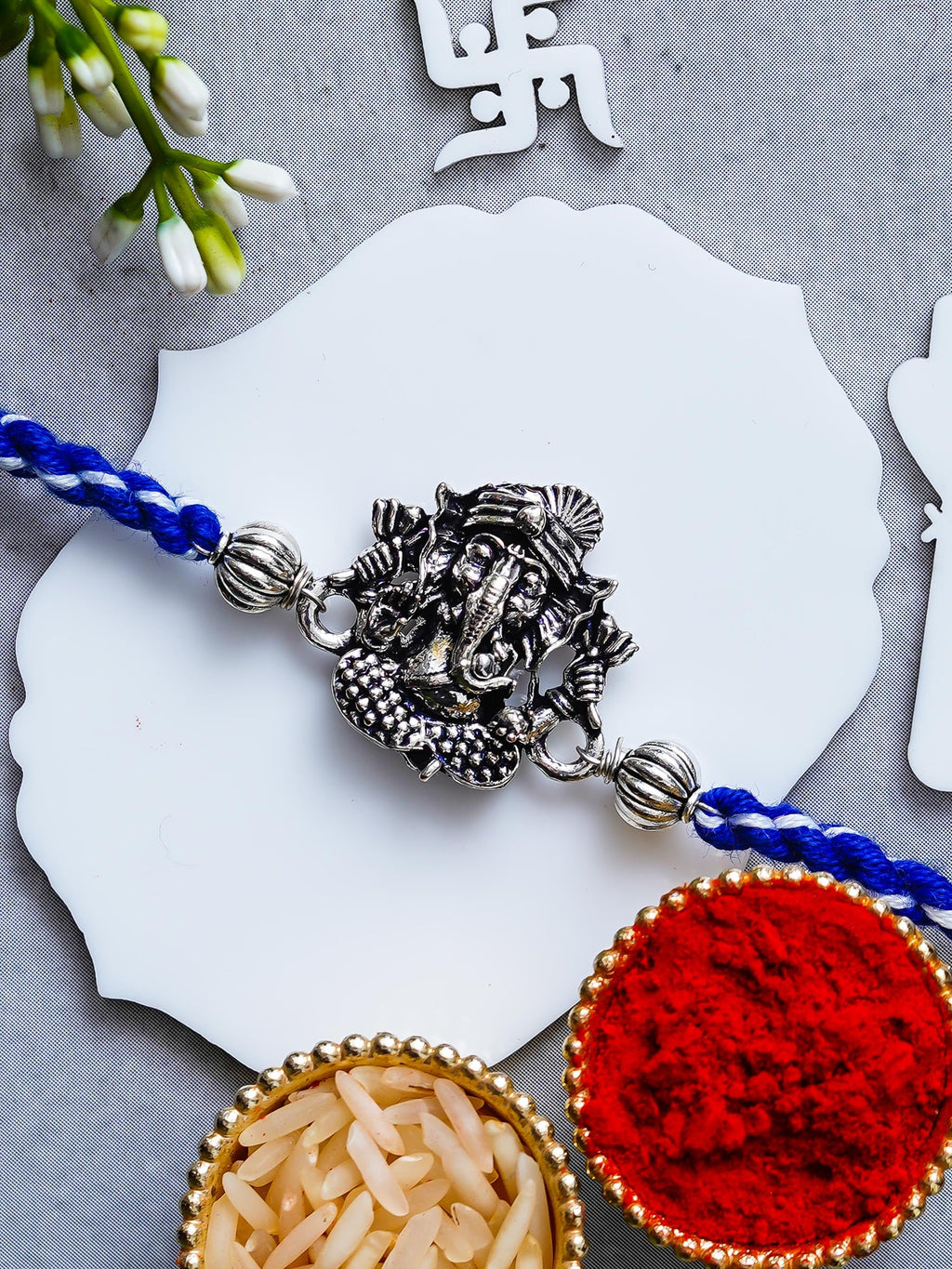 Ganesh Rakhi – Traditional Metal Rakhis – Free Chawal & Kumkum
