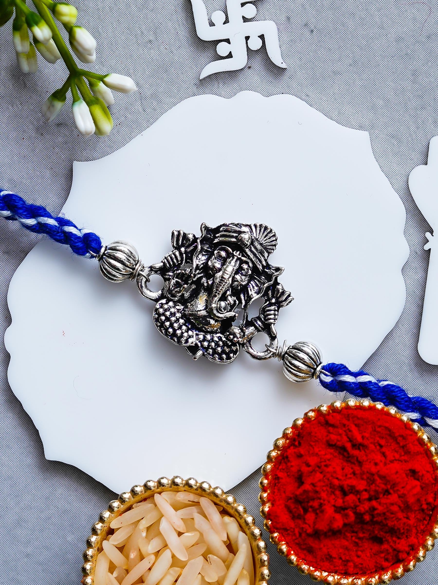 Ganesh Rakhi – Traditional Metal Rakhis – Free Chawal & Kumkum