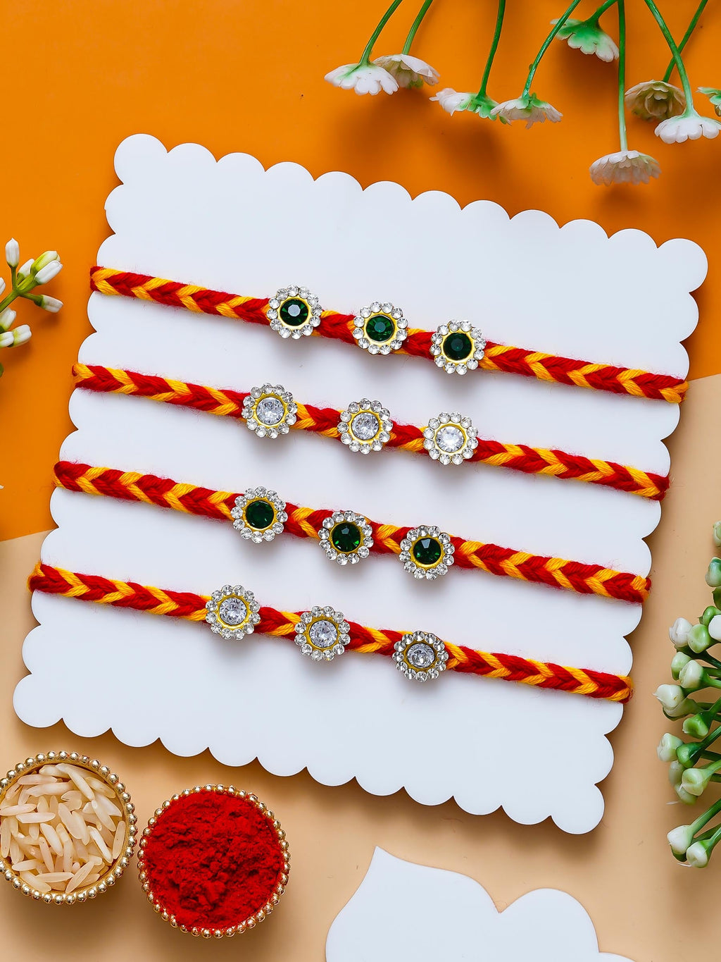 Designer Stone Rakhi Set Of 4  – Traditional Thread Rakhi – Free Chawal & Kumkum
