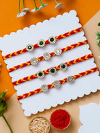 Designer Stone Rakhi Set Of 4  – Traditional Thread Rakhi – Free Chawal & Kumkum