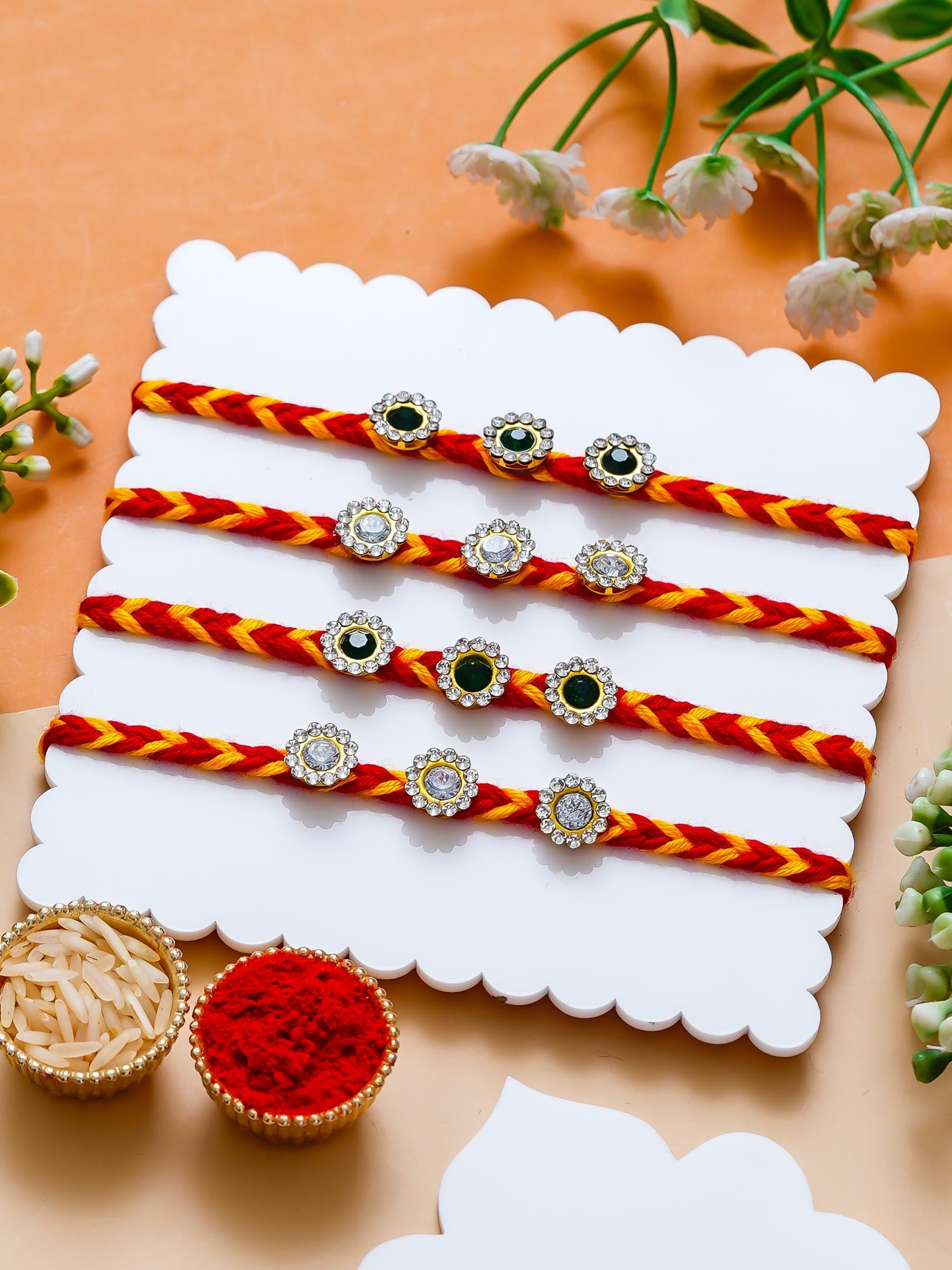 Designer Stone Rakhi Set Of 4  – Traditional Thread Rakhi – Free Chawal & Kumkum