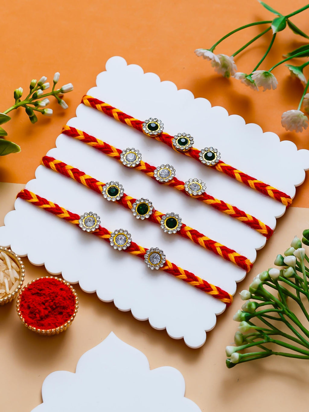 Designer Stone Rakhi Set Of 4  – Traditional Thread Rakhi – Free Chawal & Kumkum