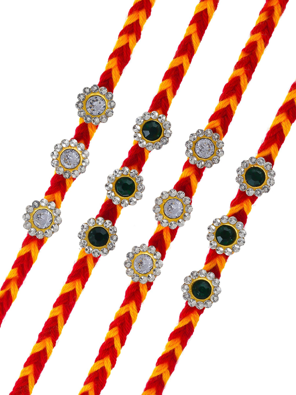 Designer Stone Rakhi Set Of 4  – Traditional Thread Rakhi – Free Chawal & Kumkum