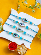 Evil Eye Rakhi Set of 4 – Protection Charm Rakhis – Free Chawal & Kumkum