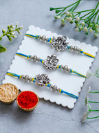 Lord Ganesha Rakhi Set of 3 – Antique Metal Finish – Free Chawal & Kumkum