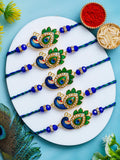 Peacock Design Rakhi Set of 5 – Decorative Stone Rakhis – Free Chawal & Kumkum