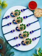 Peacock Design Rakhi Set of 5 – Decorative Stone Rakhis – Free Chawal & Kumkum
