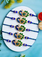 Peacock Design Rakhi Set of 5 – Decorative Stone Rakhis – Free Chawal & Kumkum