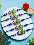 Peacock Design Rakhi Set of 5 – Decorative Stone Rakhis – Free Chawal & Kumkum