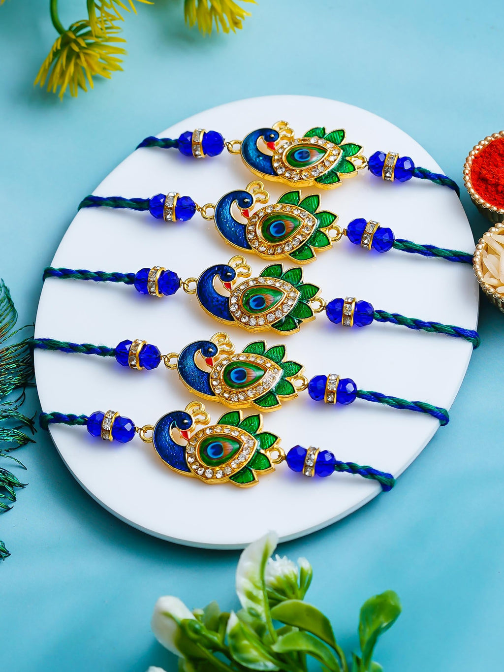 Peacock Design Rakhi Set of 5 – Decorative Stone Rakhis – Free Chawal & Kumkum