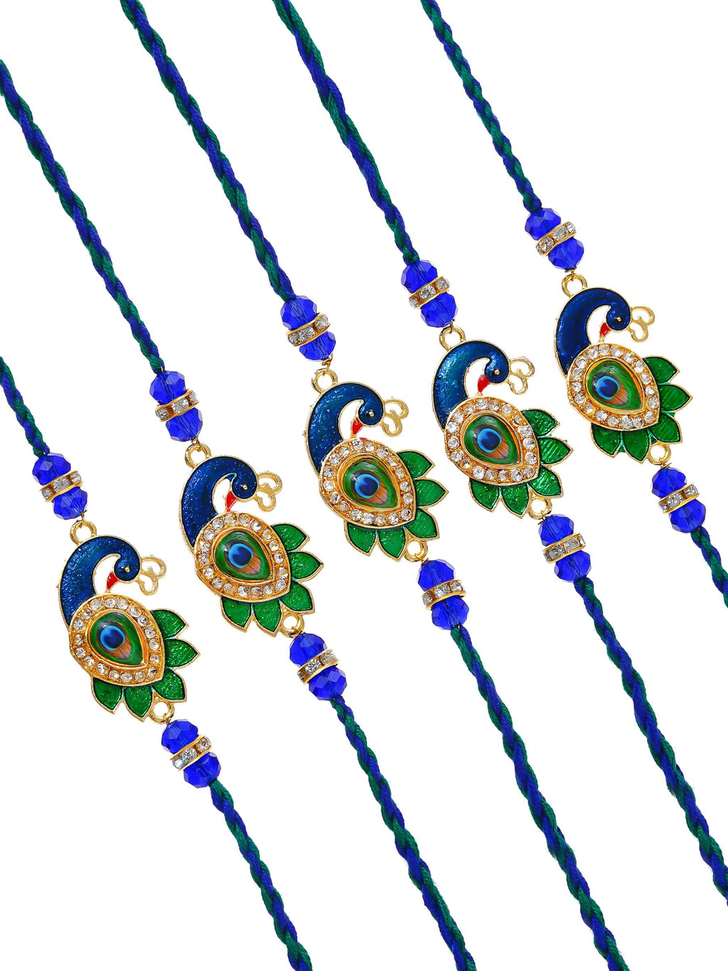 Peacock Design Rakhi Set of 5 – Decorative Stone Rakhis – Free Chawal & Kumkum