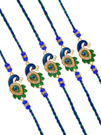 Peacock Design Rakhi Set of 5 – Decorative Stone Rakhis – Free Chawal & Kumkum