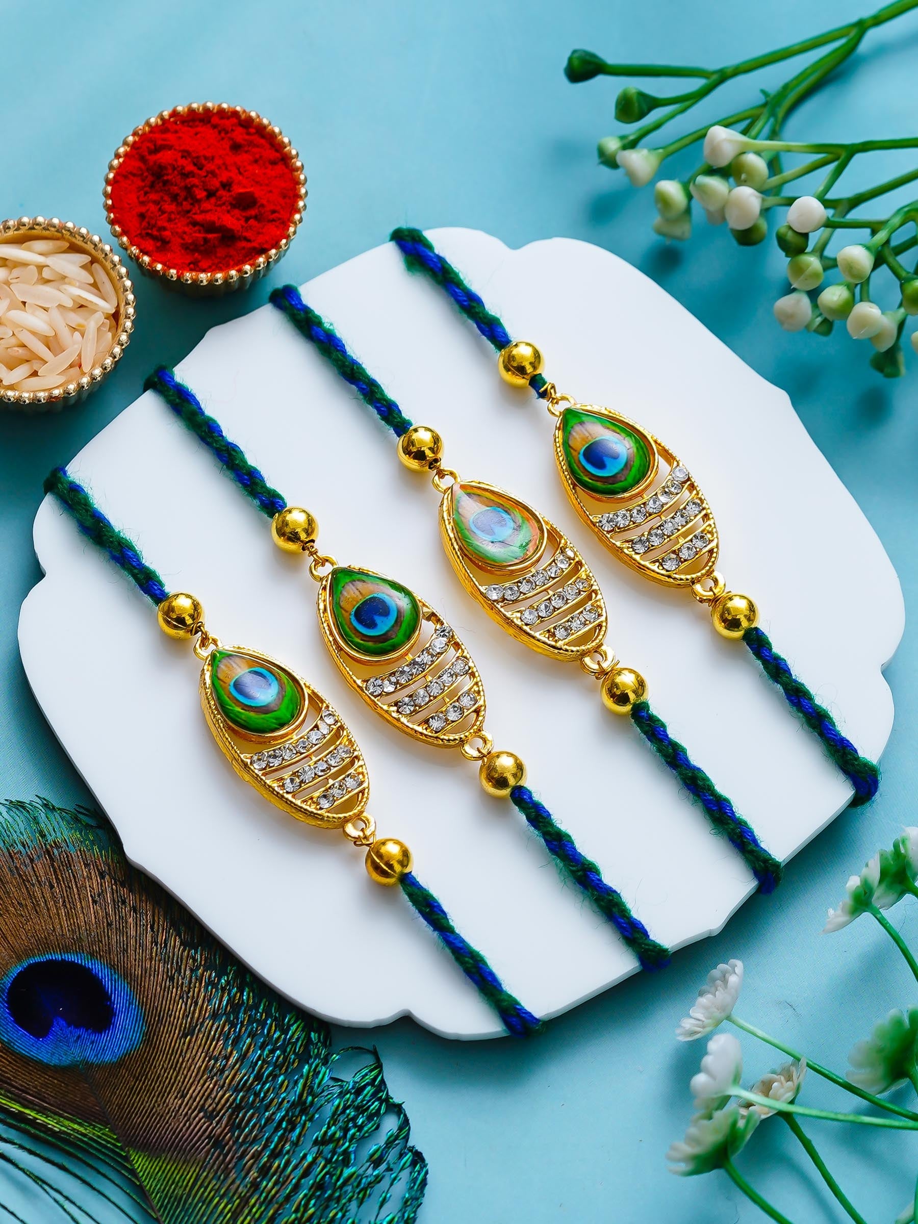 Peacock Design Rakhi Set of 4 – Decorative Stone Rakhis – Free Chawal & Kumkum (Copy)