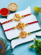 Golden Ganesha Rakhi Set of 3 – Traditional Rakhi for Brothers – Free Chawal & Kumkum