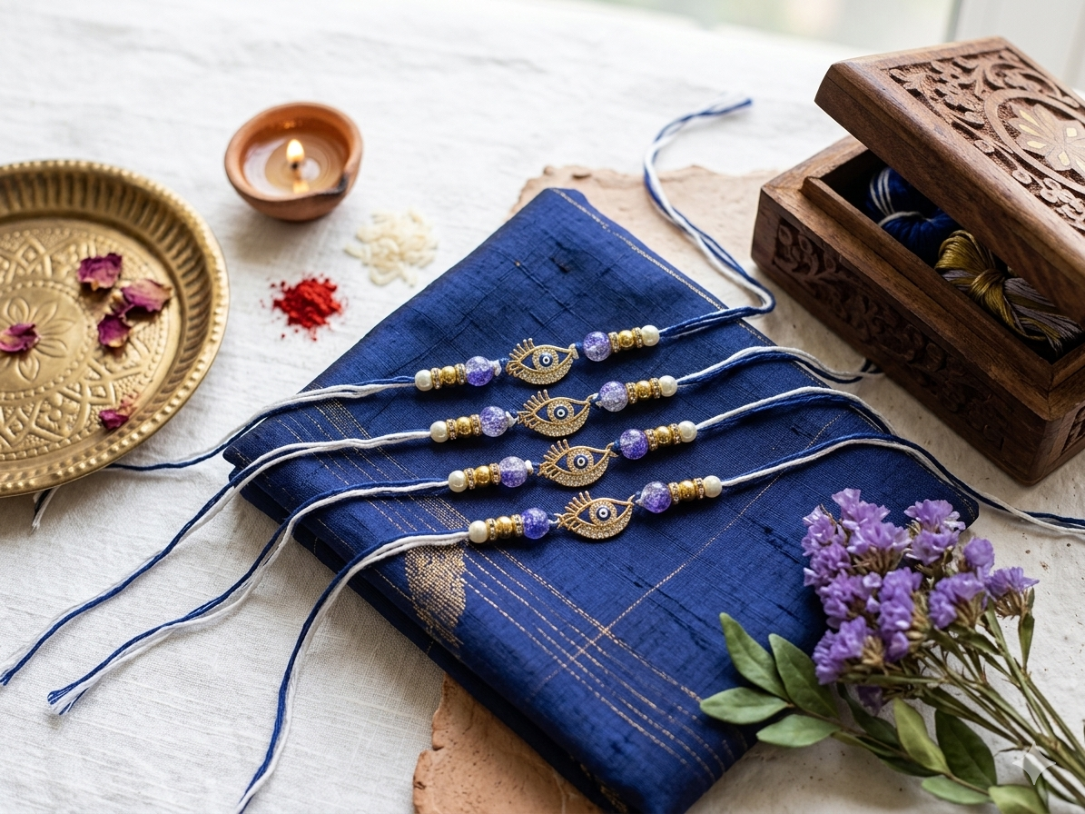 Evil Eye Blue & White Rakhi Set