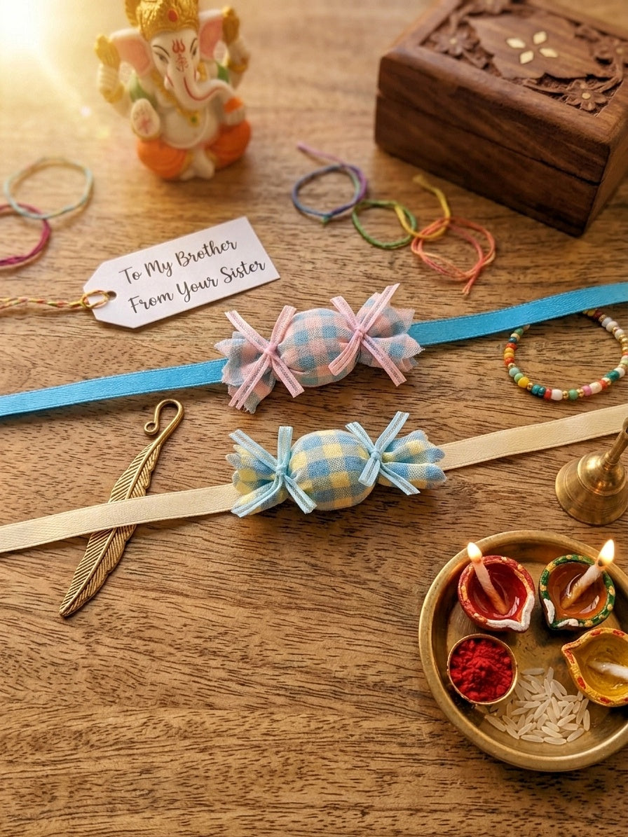 Pastel Candy Checkered Baby Rakhi Set
