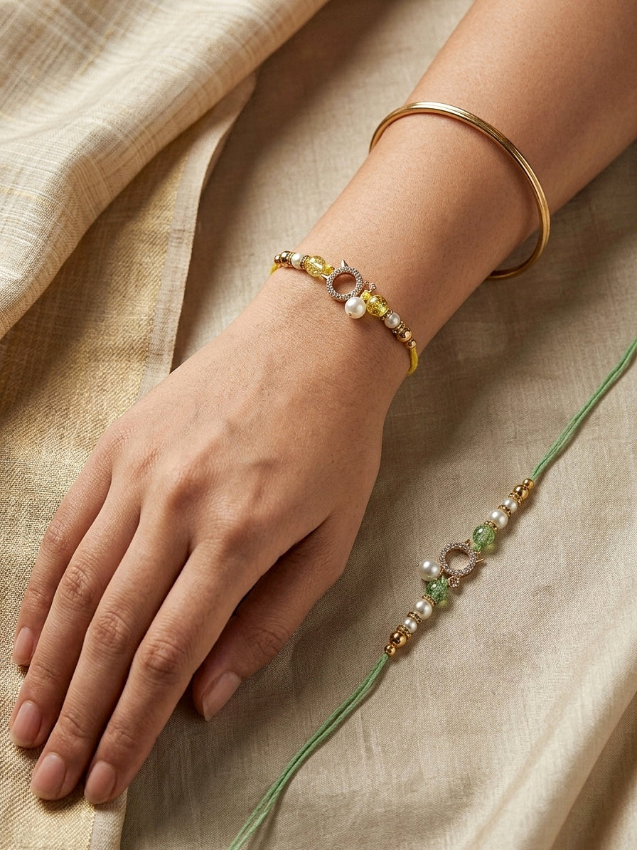 Pearl & Crystal Cat Charm Couple Rakhi Set