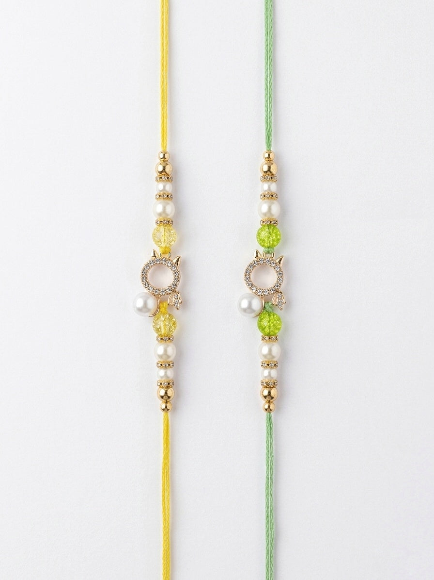 Pearl & Crystal Cat Charm Couple Rakhi Set