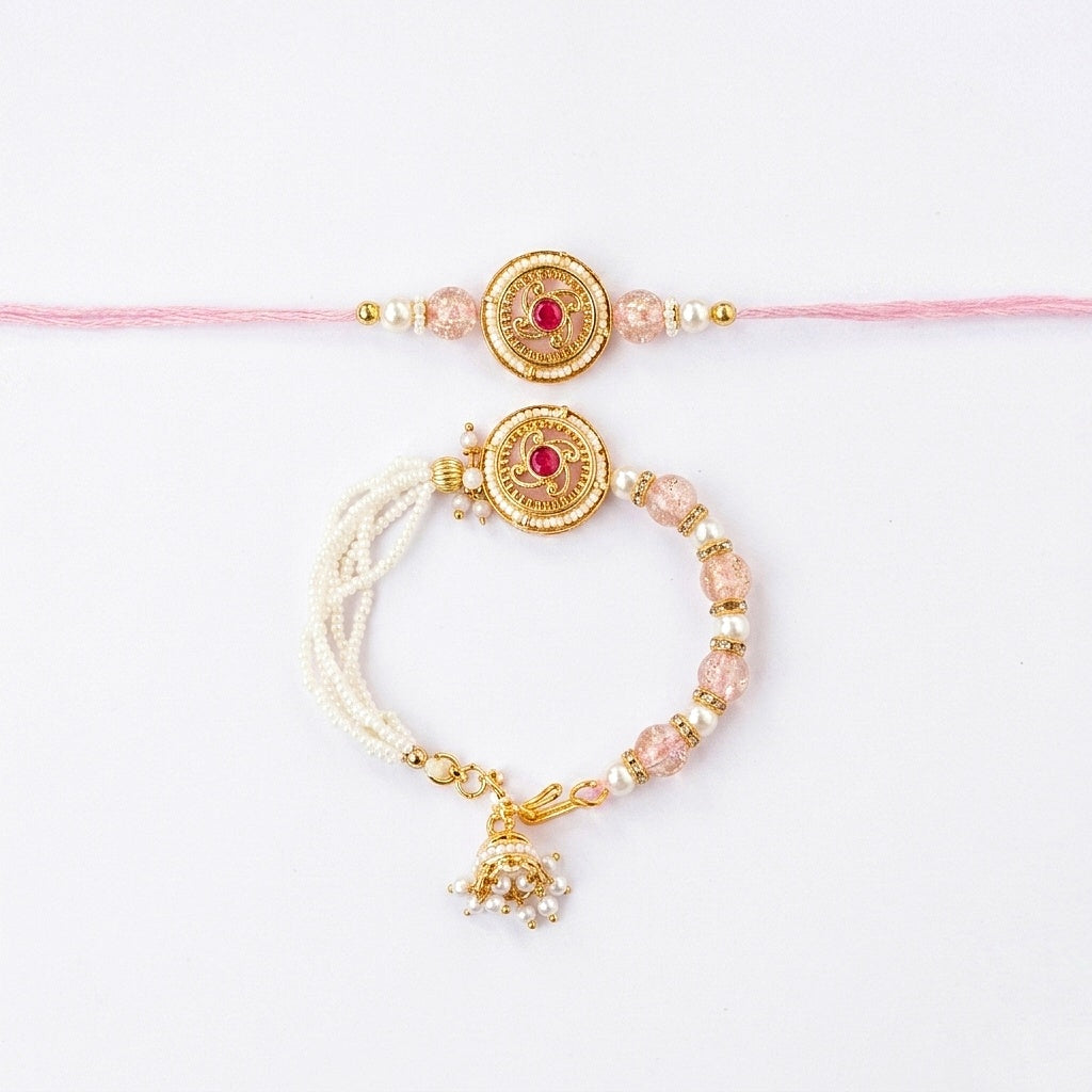 Pink Pearl Bhaiya Bhabhi Rakhi Set with Traditional Jhumki