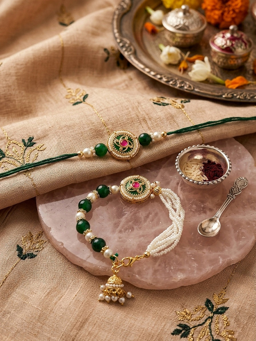 Emerald Green Bhaiya Bhabhi Rakhi Set