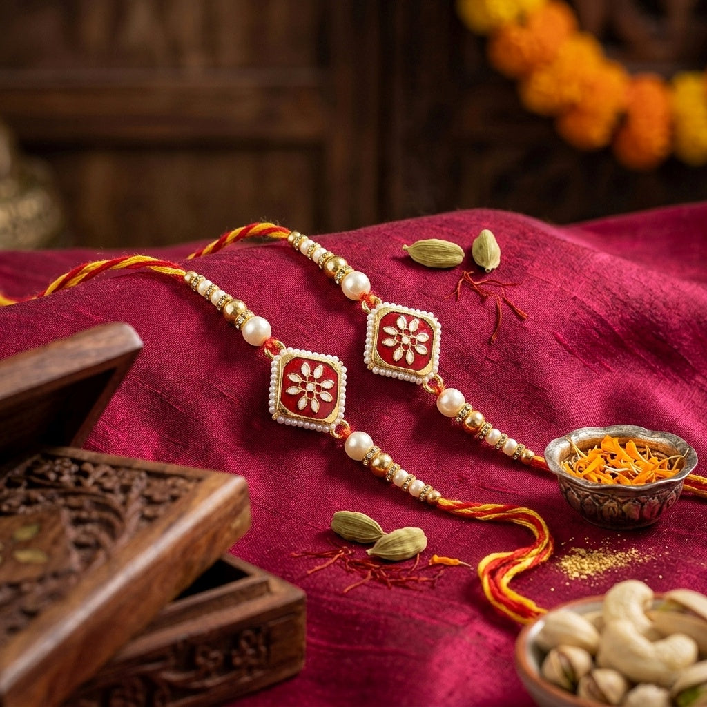 Royal Red Floral Pearl Rakhi