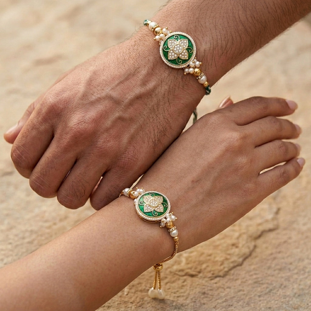 Emerald Floral Bhaiya Bhabhi Rakhi Set