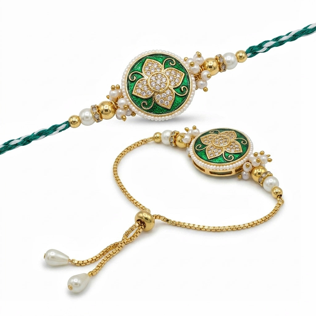 Emerald Floral Bhaiya Bhabhi Rakhi Set