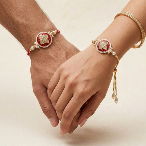 Crimson Floral Bhaiya-Bhabhi Rakhi Set