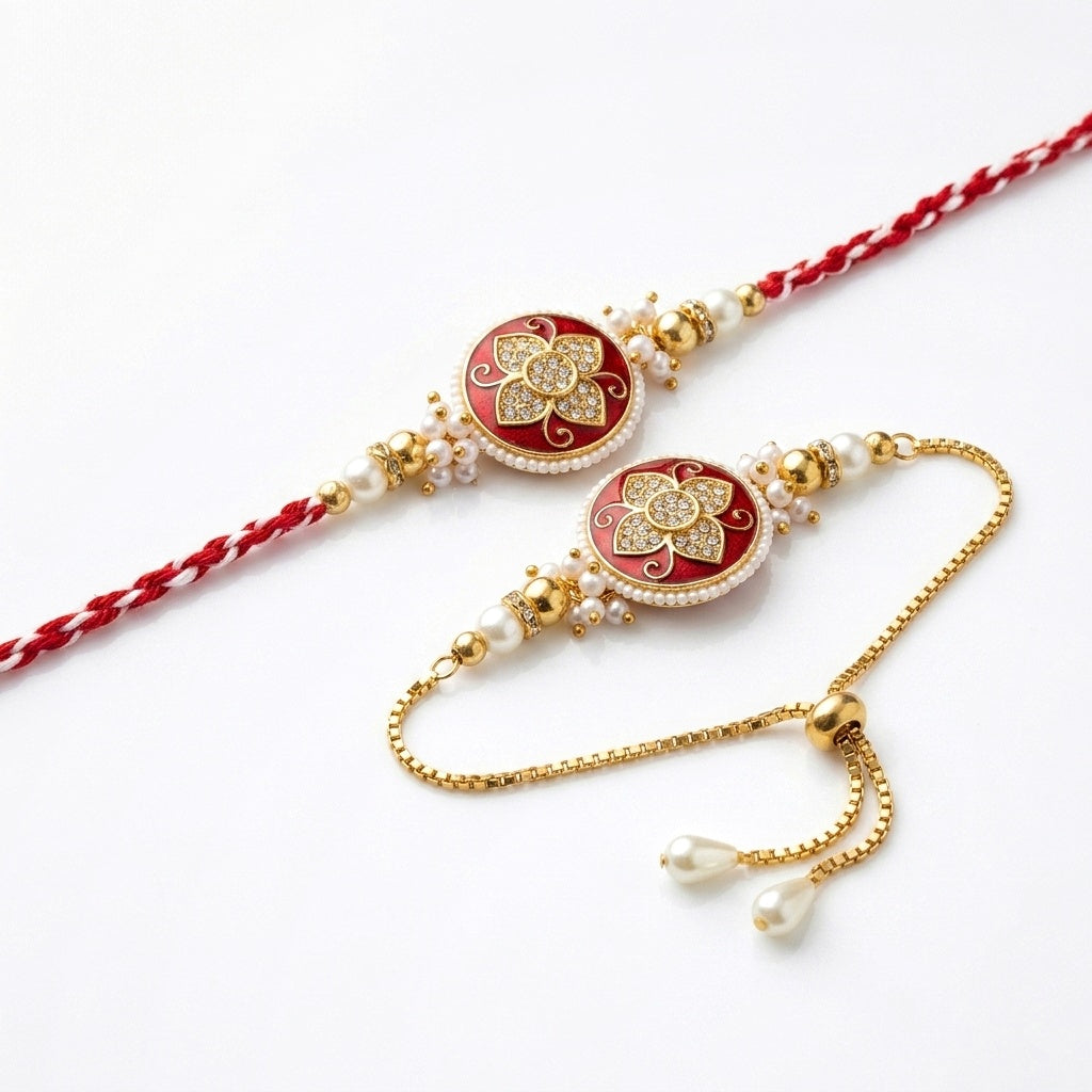 Crimson Floral Bhaiya-Bhabhi Rakhi Set