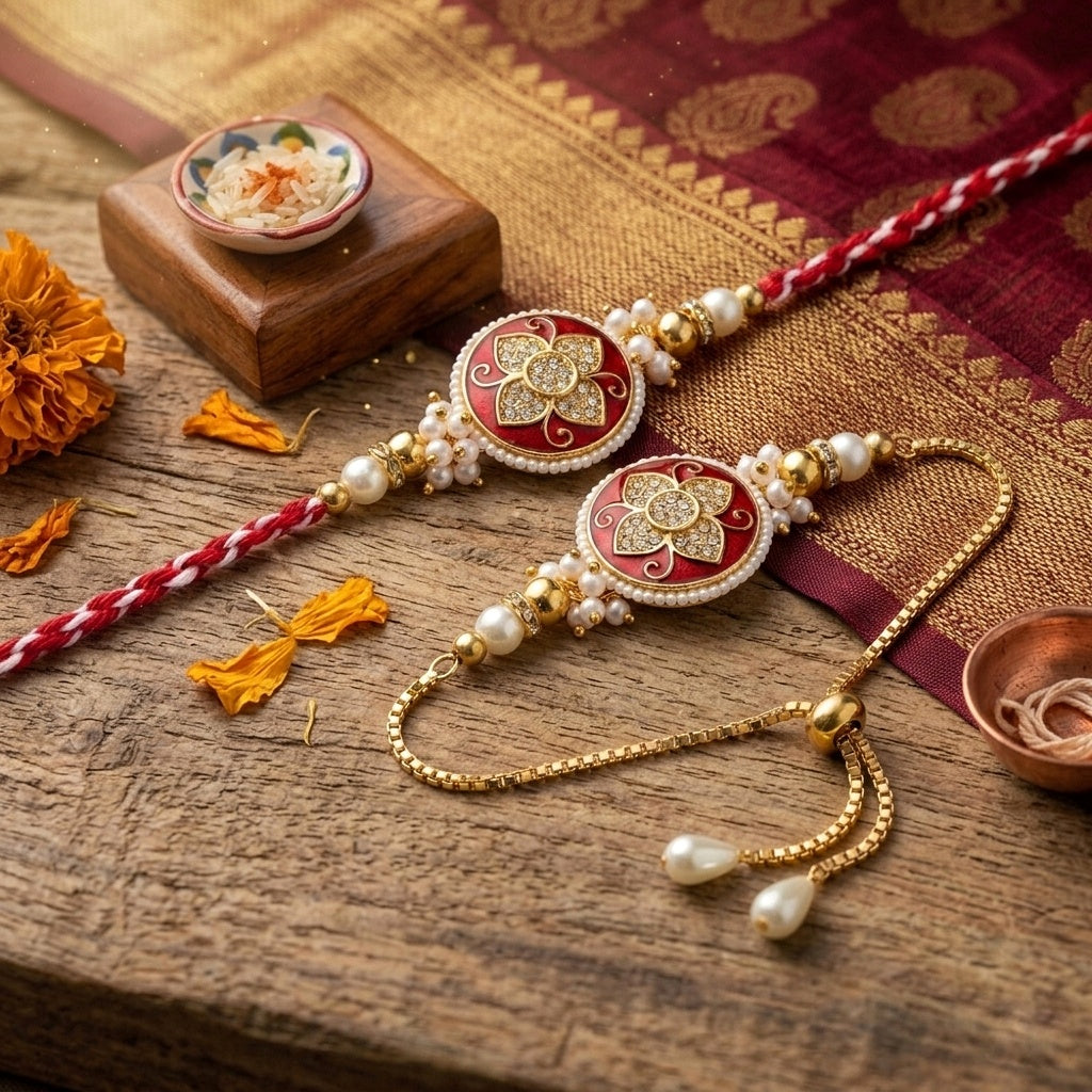 Crimson Floral Bhaiya-Bhabhi Rakhi Set