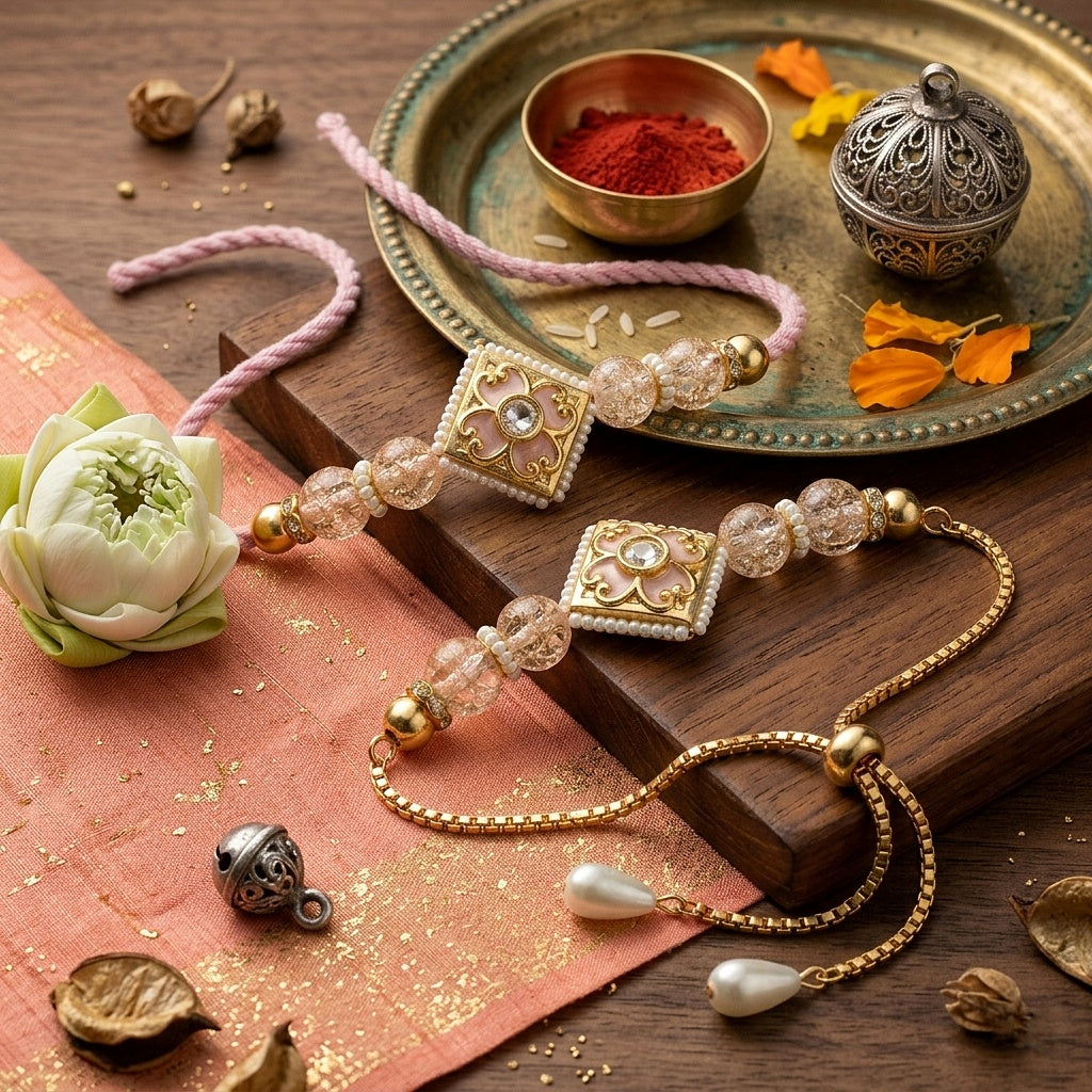 Blush Crystal Bhaiya Bhabhi Rakhi Set