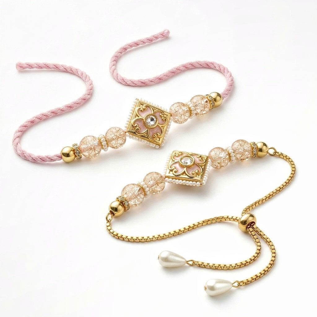 Blush Crystal Bhaiya Bhabhi Rakhi Set
