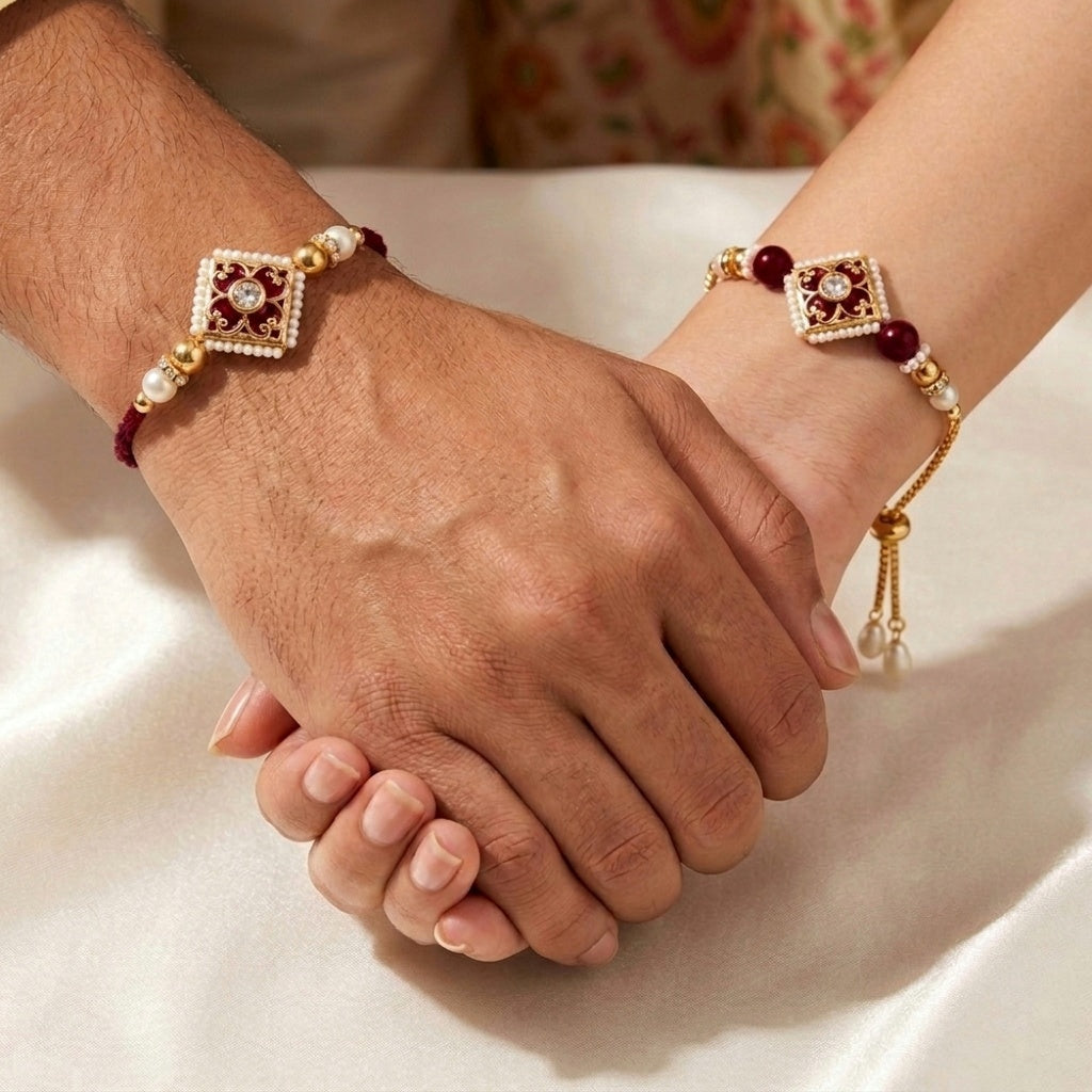 Maroon Pearl Bhaiya Bhabhi Rakhi Set