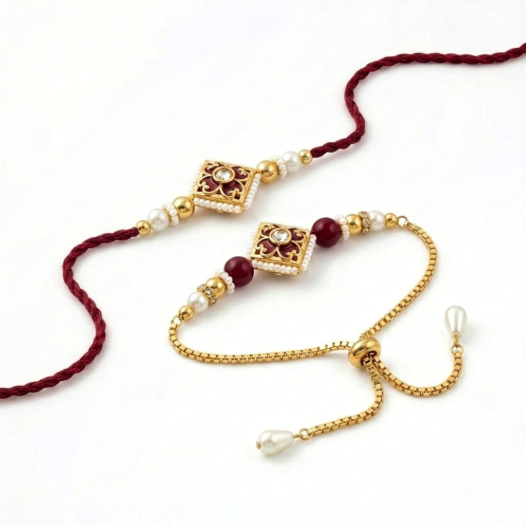 Maroon Pearl Bhaiya Bhabhi Rakhi Set
