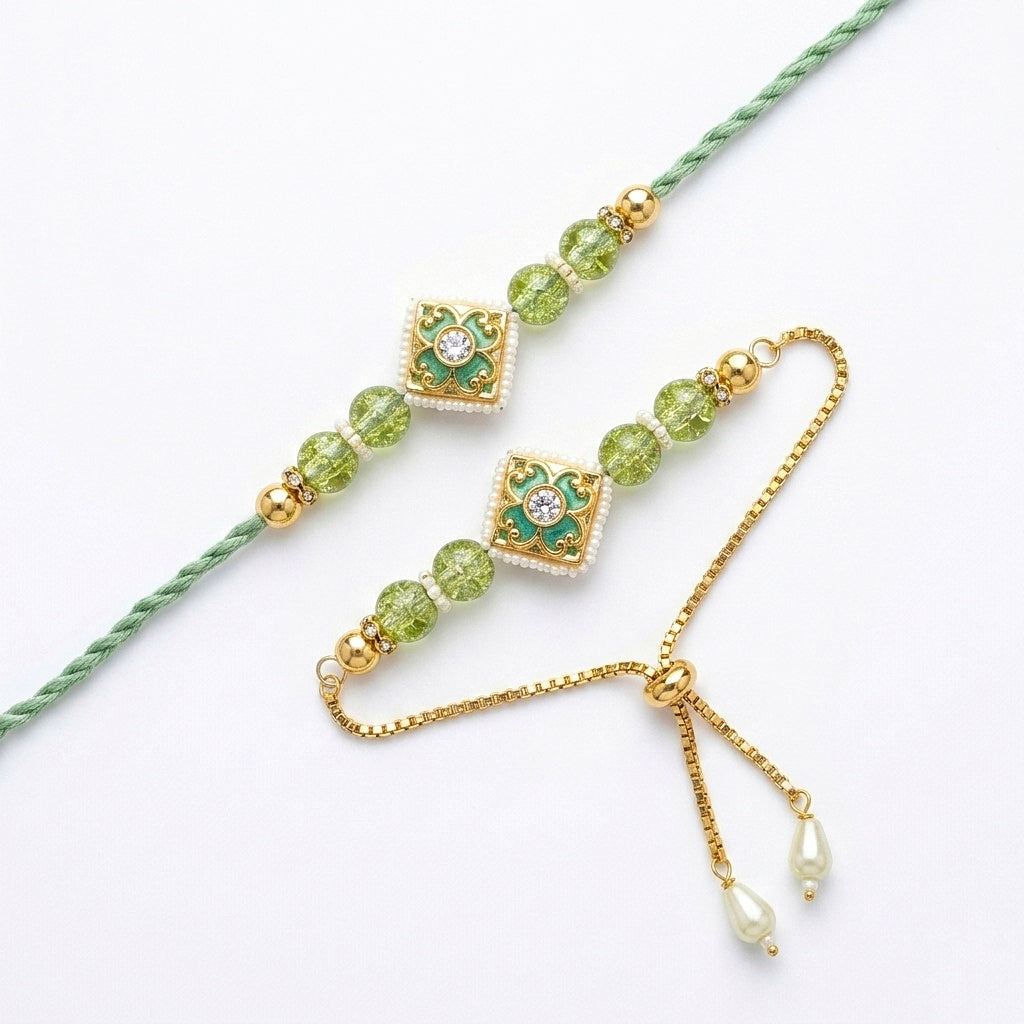 Mint Crystal Bhaiya Bhabhi Rakhi Set