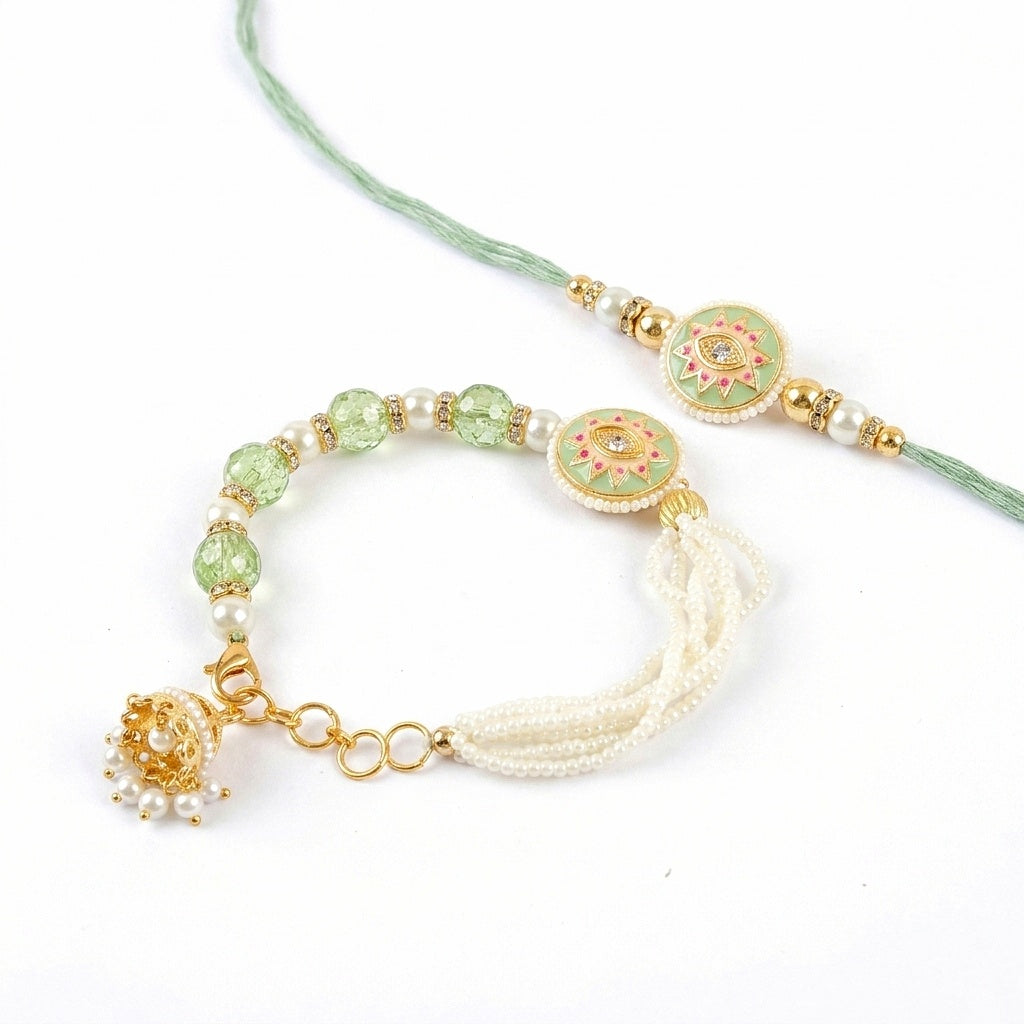 Mint Pearl Bhaiya Bhabhi Rakhi Set