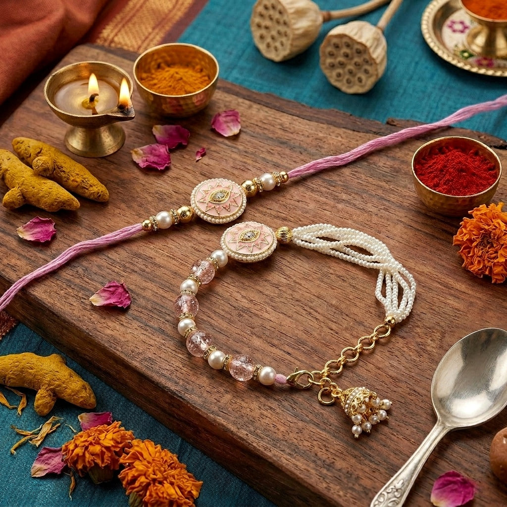 Blush Pearl Bhaiya Bhabhi Rakhi Set