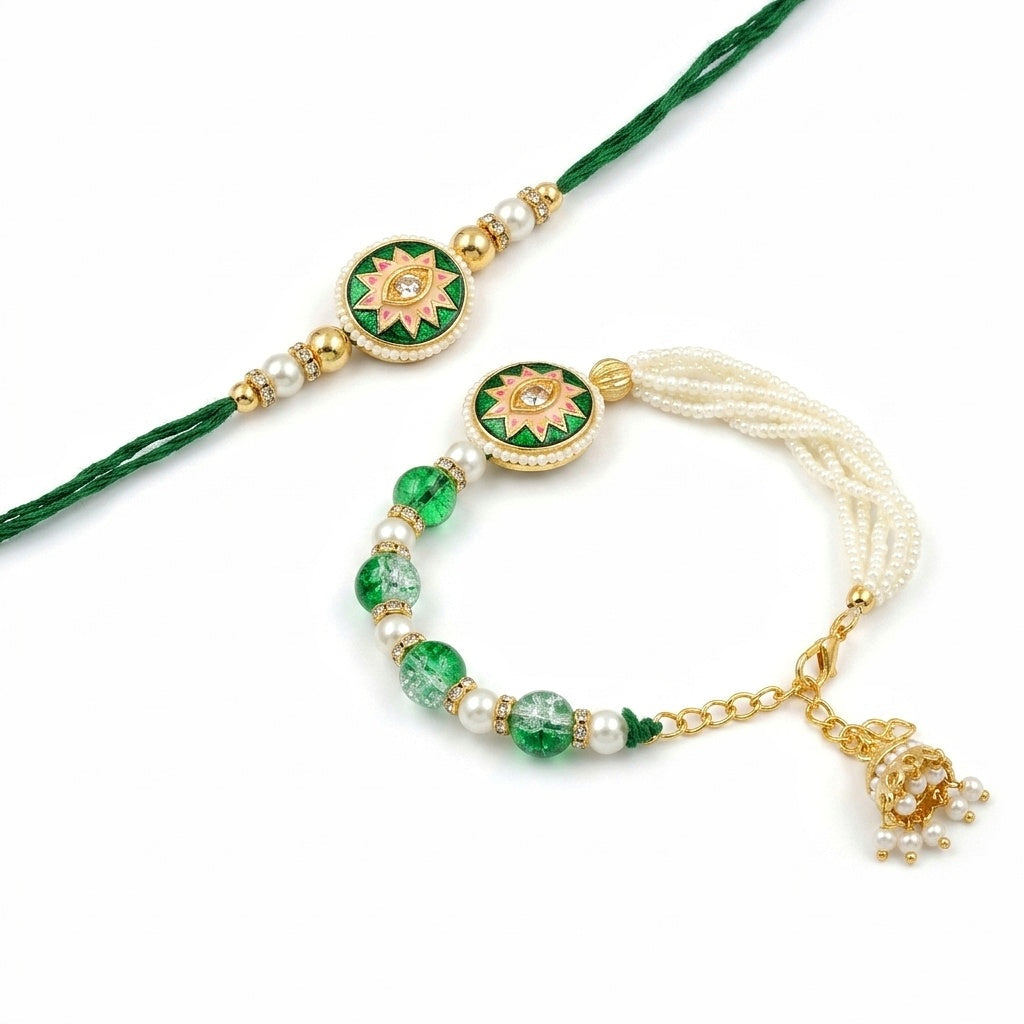 Emerald Pearl Bhaiya Bhabhi Rakhi Set