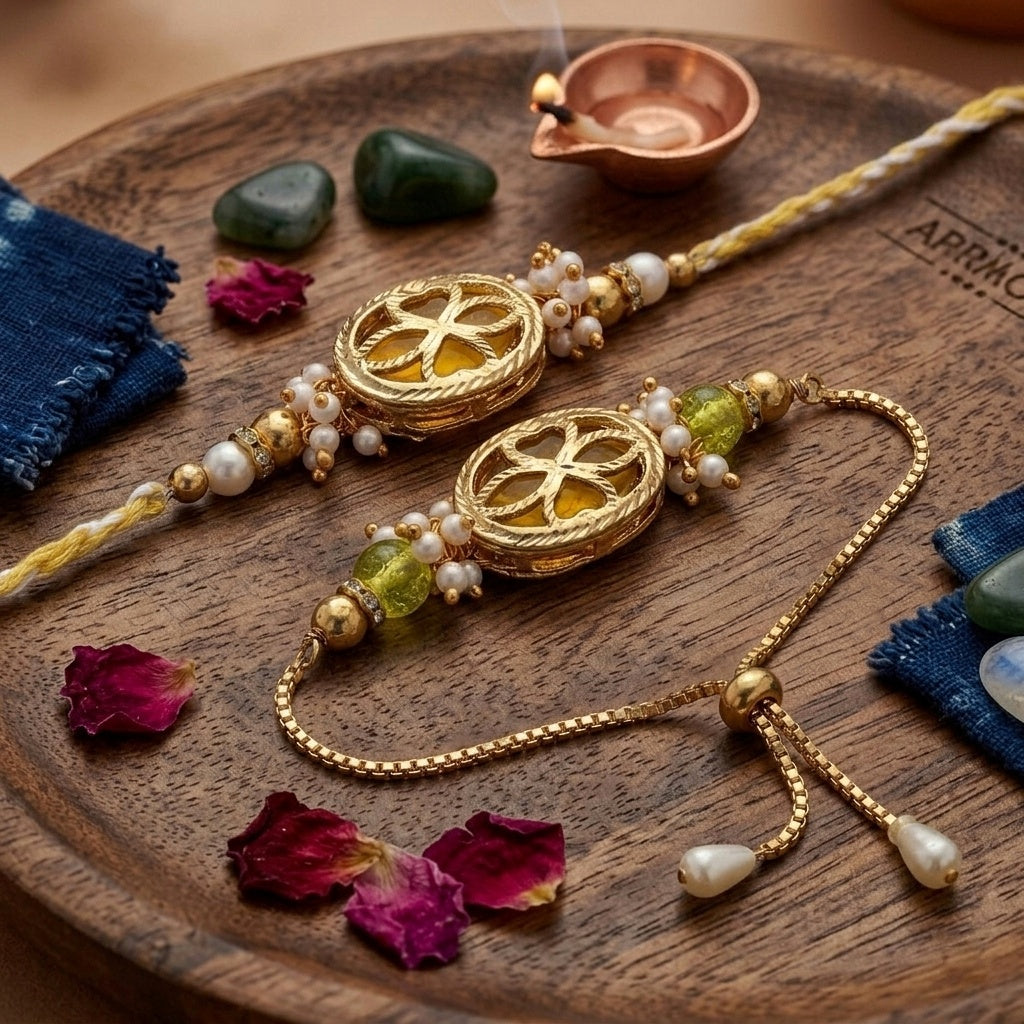 Golden Aura Bhaiya Bhabhi Rakhi Set