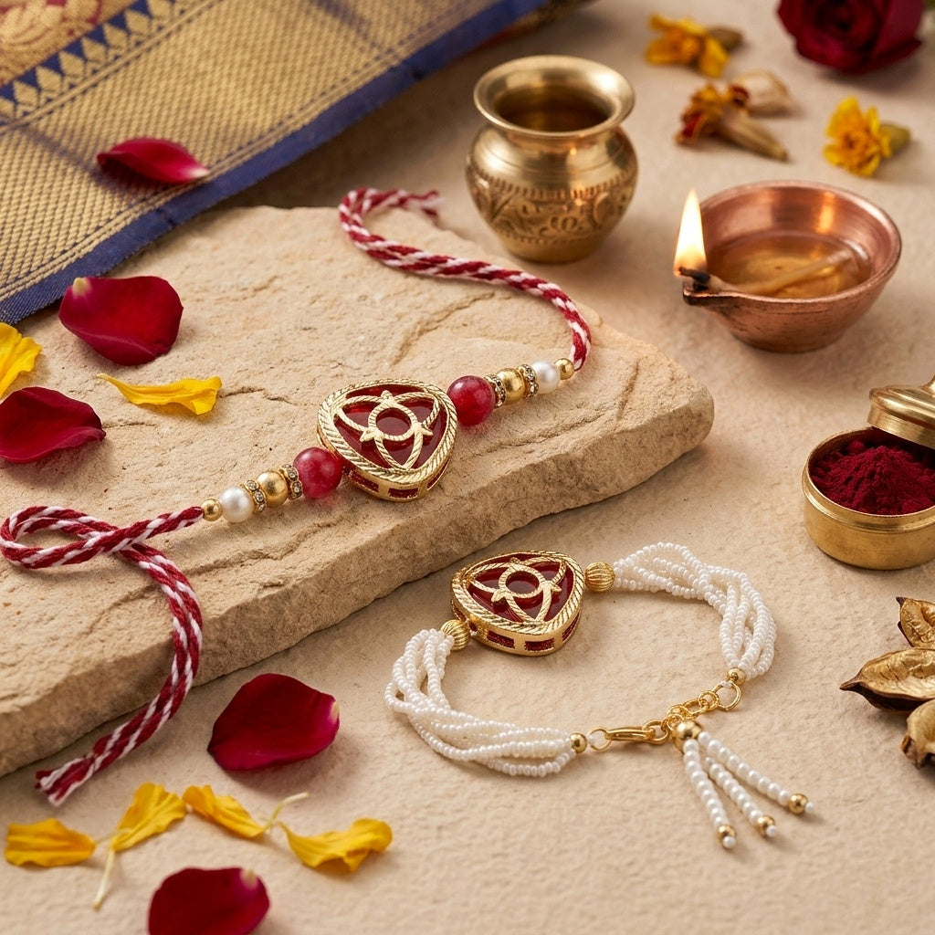 Red Pearl Tassel Rakhi Set
